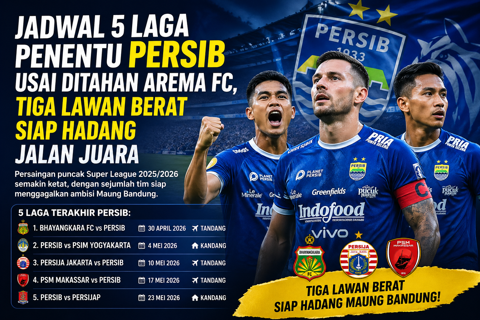 Jadwal 5 Laga Penentu Persib Bandung Usai Ditahan Arema FC, Tiga Lawan Berat Siap Hadang Jalan Juara Subtitle: