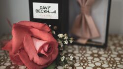 Mawar merah dengan parfum David Beckham dan pita merah muda di atas renda. Sempurna untuk dijadikan hadiah.