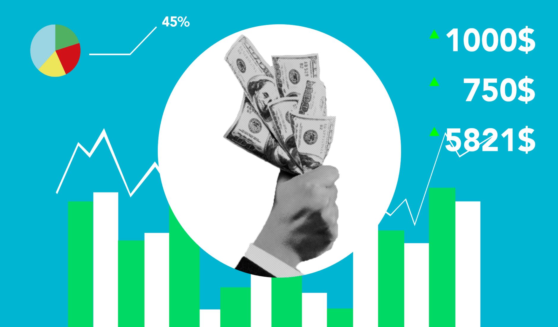 Ilustrasi kreatif yang menggambarkan pertumbuhan finansial dengan uang kertas dolar dan grafik di latar belakang biru.